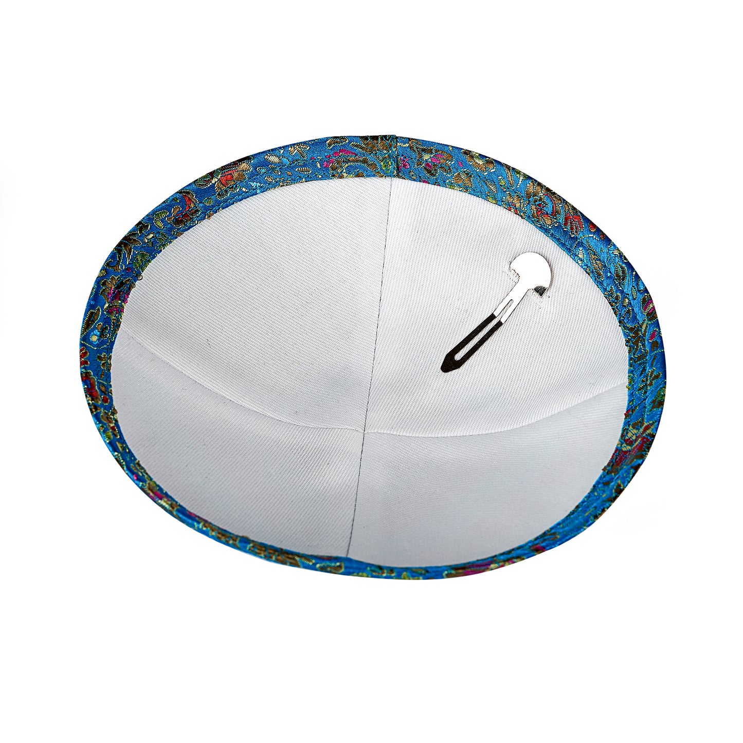 Eine edle Kippa in Türkis mit Blumenmuster für Erwachsene, ⌀ 15cm.