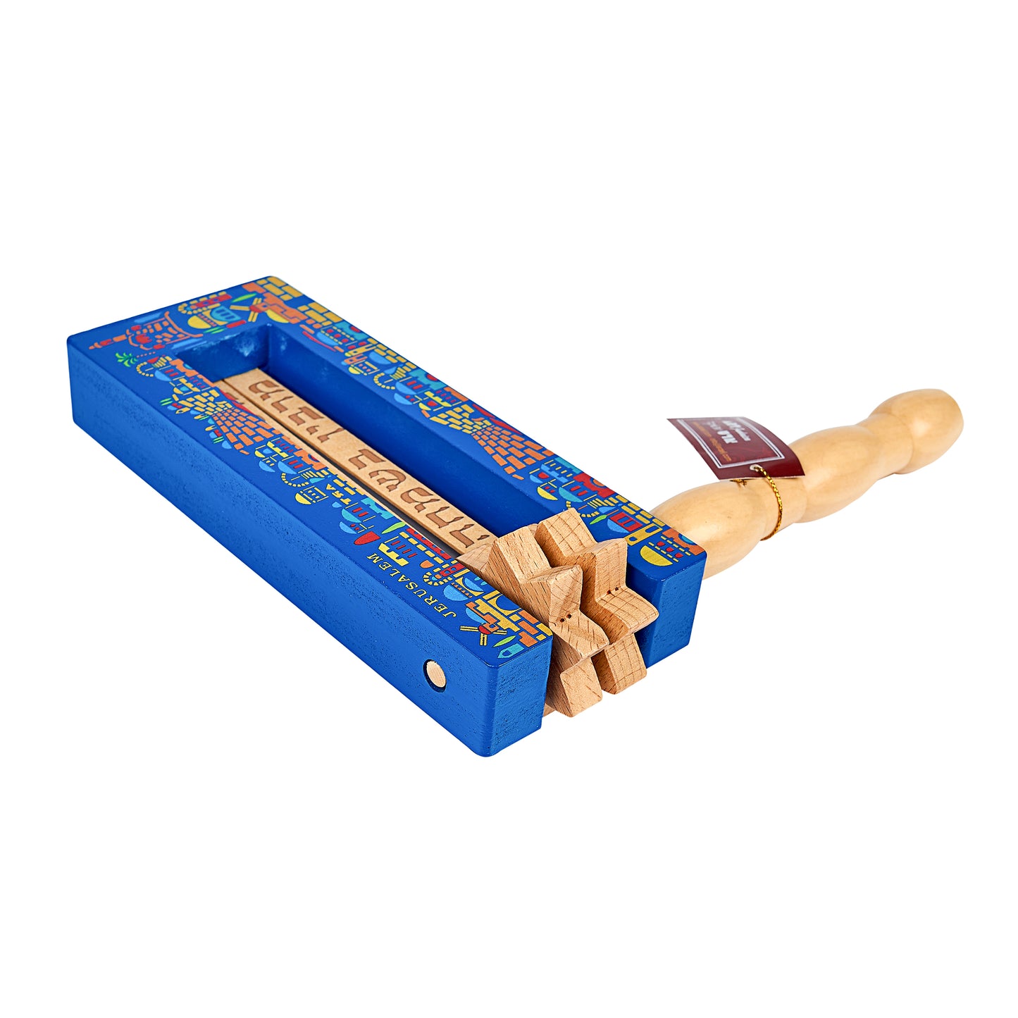 Großer Grogger 23 x 20 Zm – blauer Hintergrund, natürlicher Griff – mehrfarbiges „Jerusalem“-Design"