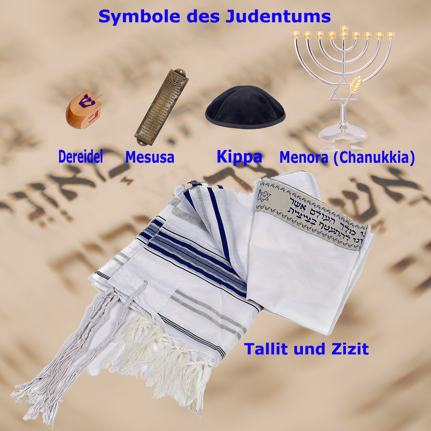 Unterrichtsset „Judentum Erleben“ bestehend aus fünf Symbolen mit Erklärungen.