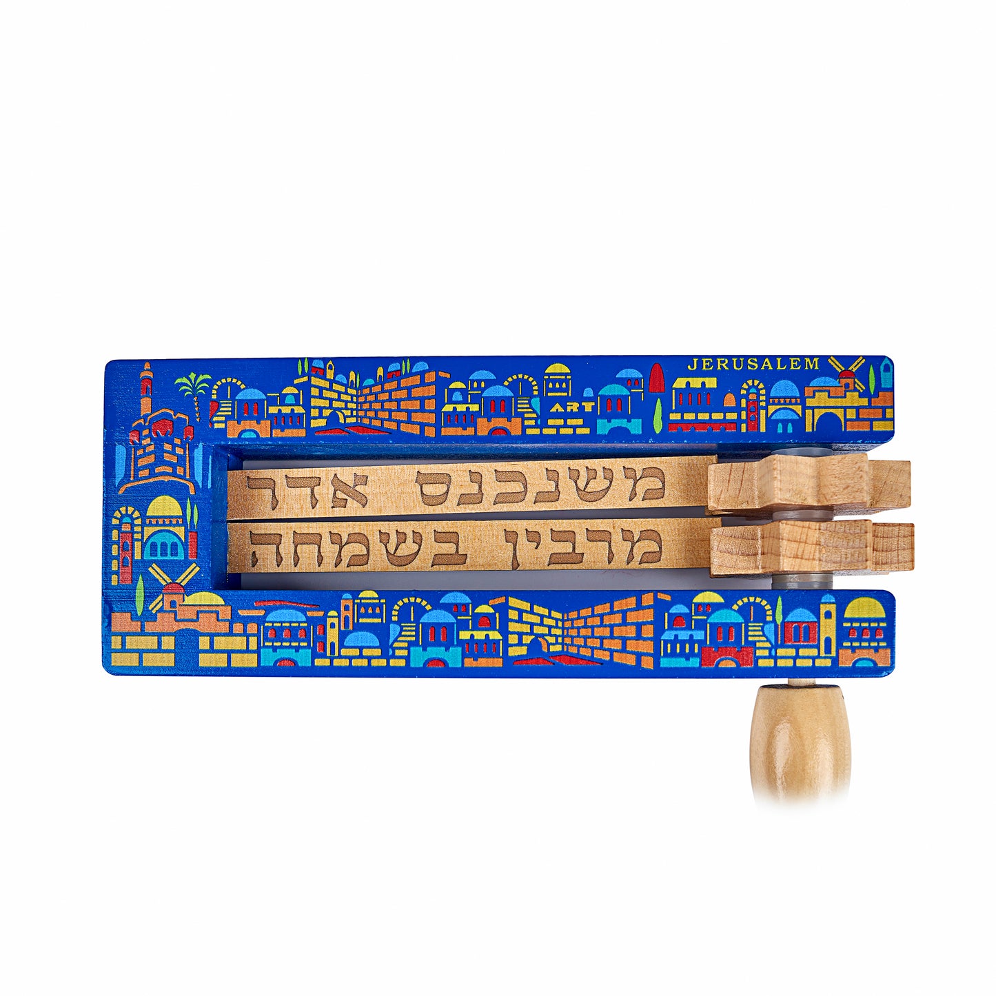 Großer Grogger 23 x 20 Zm – blauer Hintergrund, natürlicher Griff – mehrfarbiges „Jerusalem“-Design"