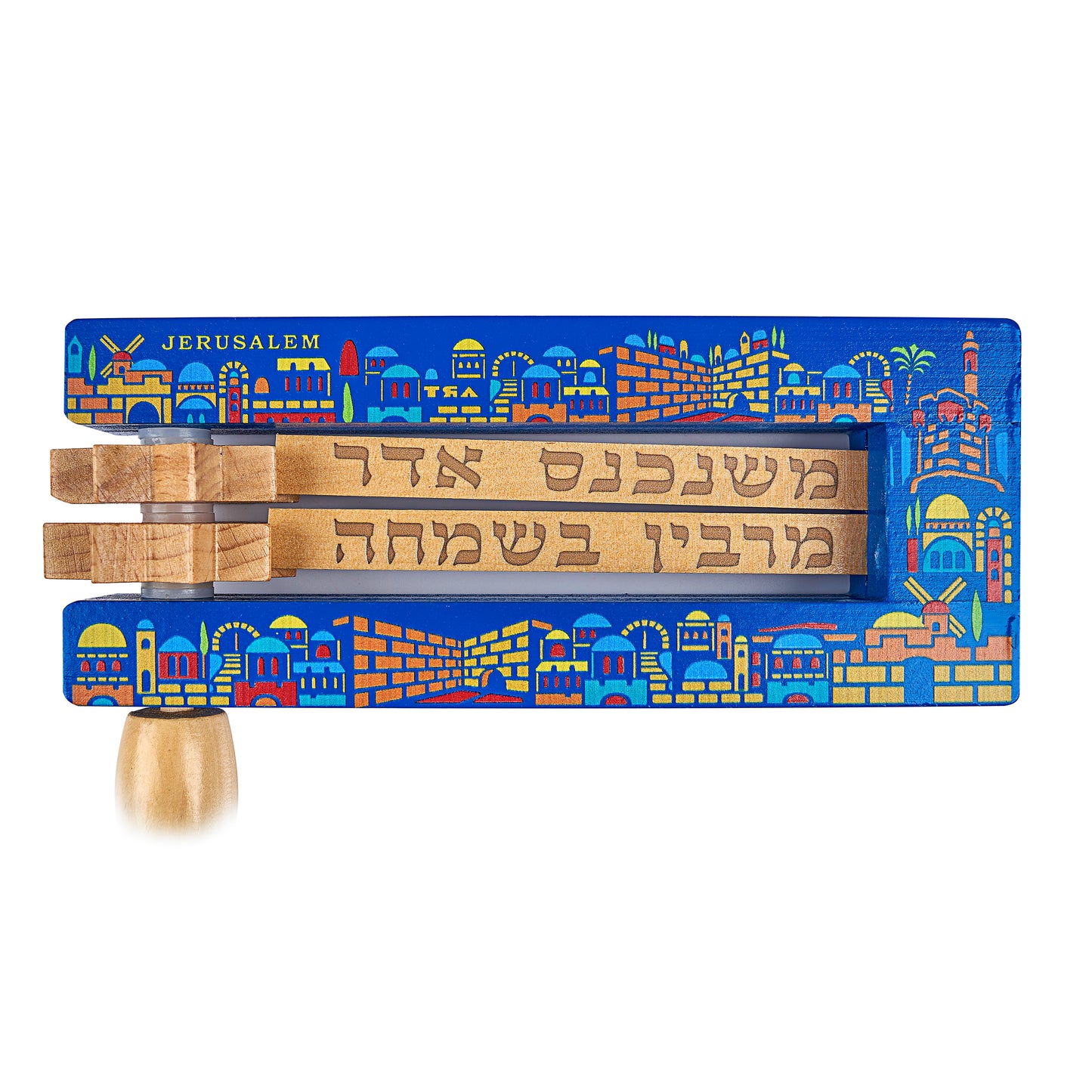 Großer Grogger 23 x 20 Zm – blauer Hintergrund, natürlicher Griff – mehrfarbiges „Jerusalem“-Design"