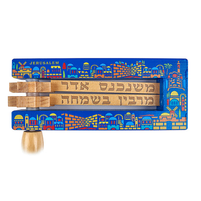 Großer Grogger 23 x 20 Zm – blauer Hintergrund, natürlicher Griff – mehrfarbiges „Jerusalem“-Design"