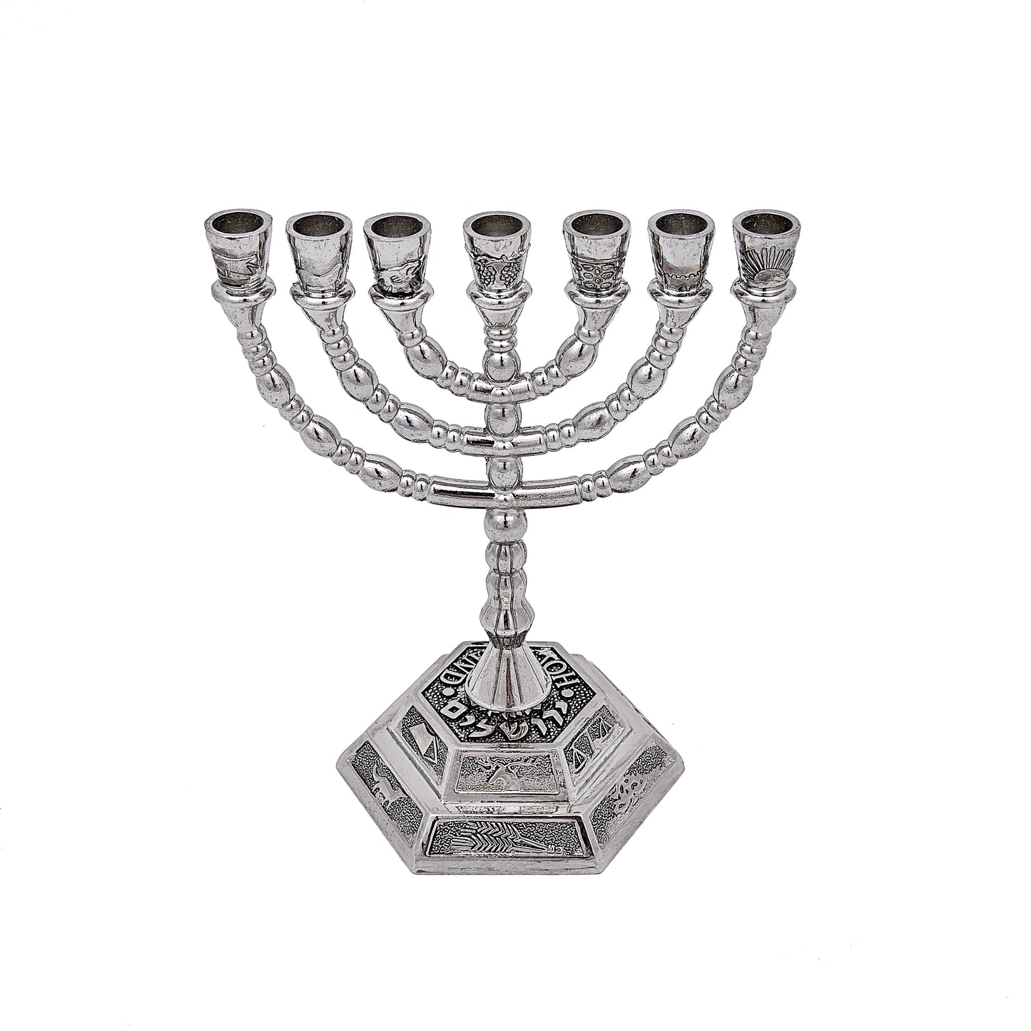 Menora - Zwölf Stämme Israels - Siebenarmiger Leuchter aus Messing in Silber. Höhe × Breite - 13 cm × 13 cm
