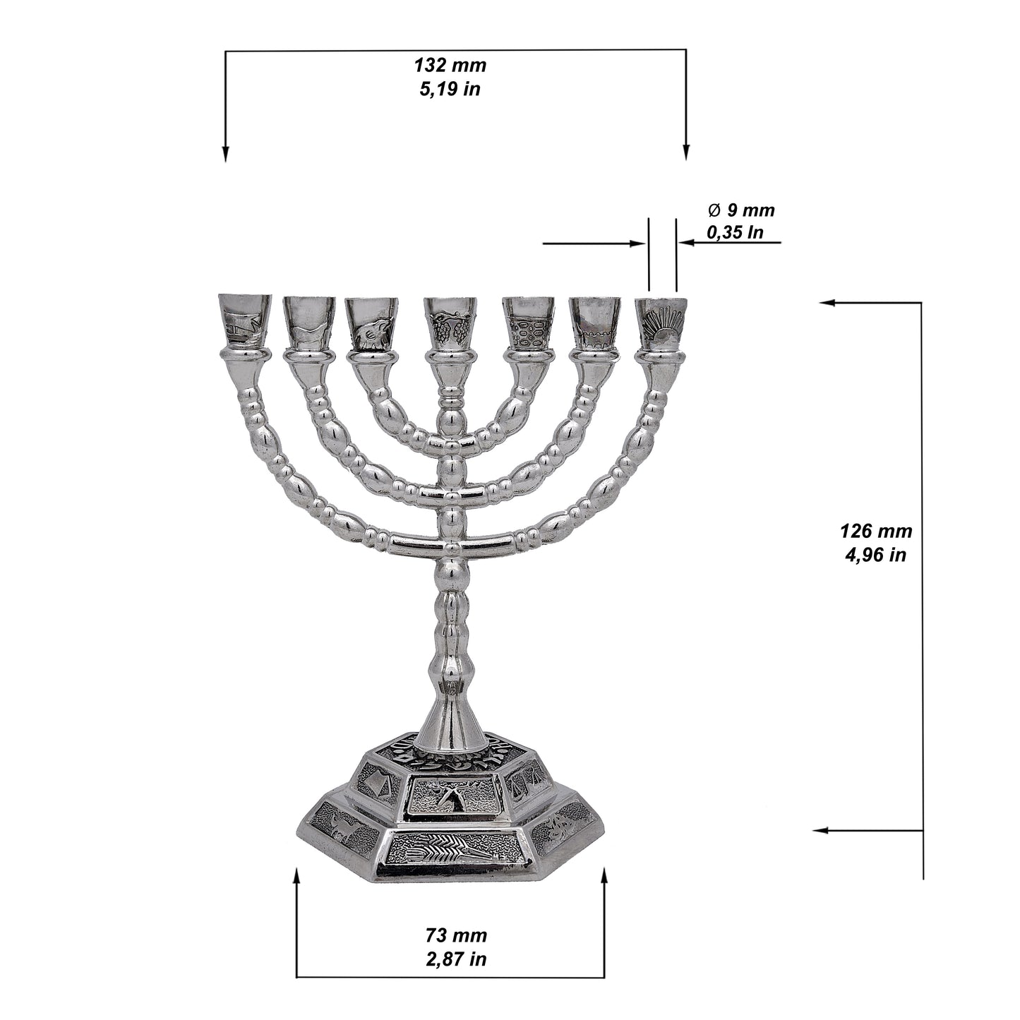 Menora - Zwölf Stämme Israels - Siebenarmiger Leuchter aus Messing in Silber. Höhe × Breite - 13 cm × 13 cm