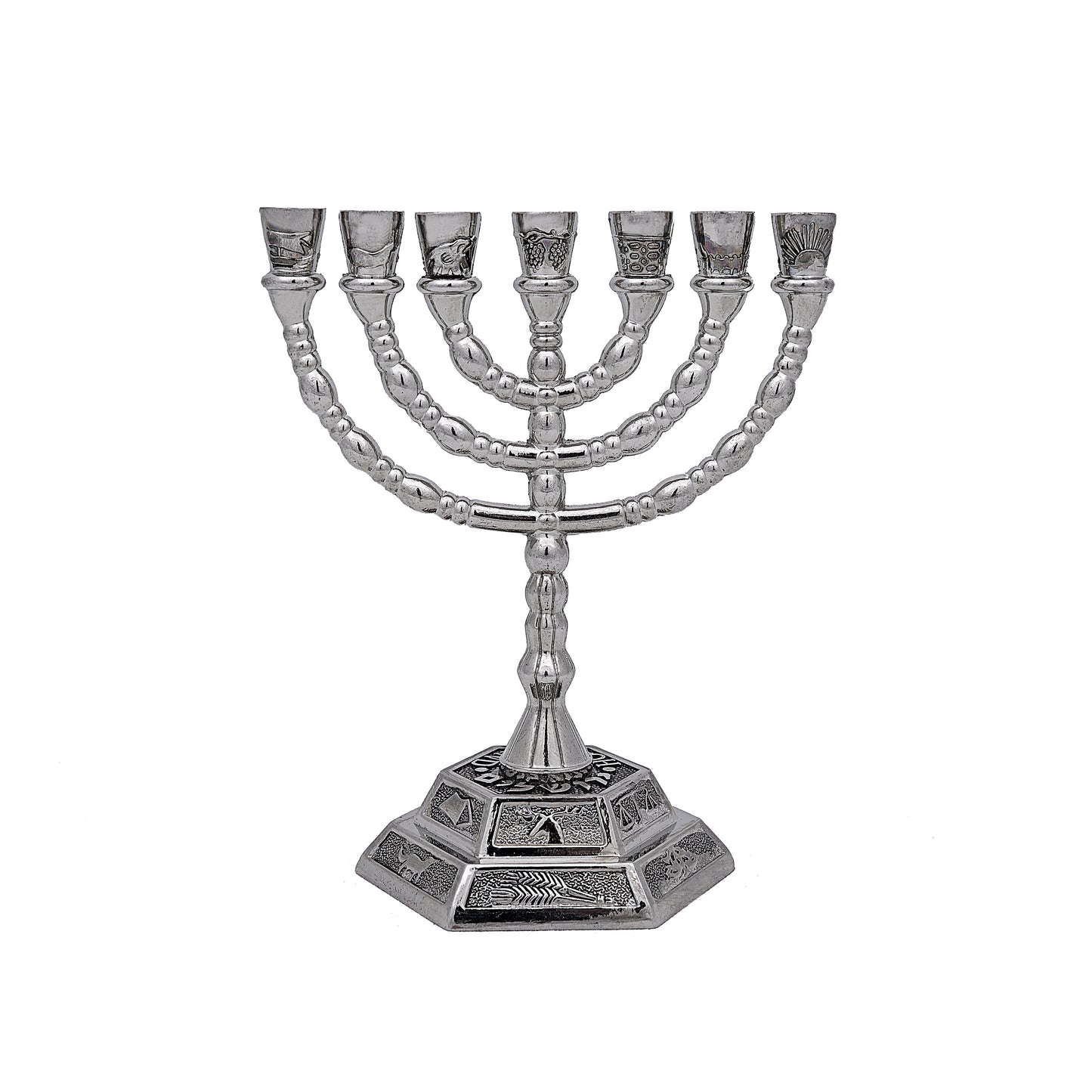 Menora - Zwölf Stämme Israels - Siebenarmiger Leuchter aus Messing in Silber. Höhe × Breite - 13 cm × 13 cm