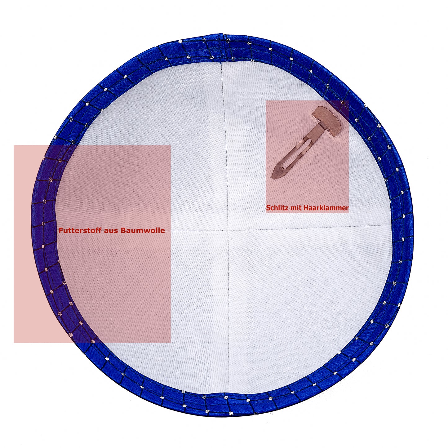 Eine edle Kippa, blau kariert, mit silbernen Knoten, für Erwachsene, ⌀ 15cm.