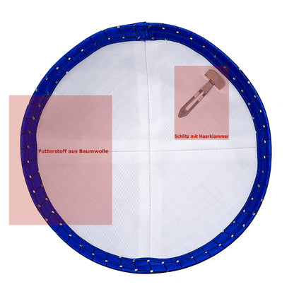 Eine edle Kippa, blau kariert, mit silbernen Knoten, für Erwachsene, ⌀ 15cm.