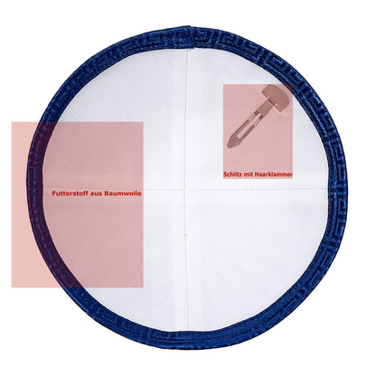 Eine edle Kippa, mit dezentem blauen Muster “Jerusalem” für Erwachsene, ⌀ 15cm.