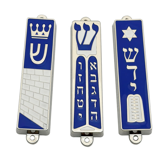 Silberne Mezuzah mit blauer Emaille 94×20×8mm